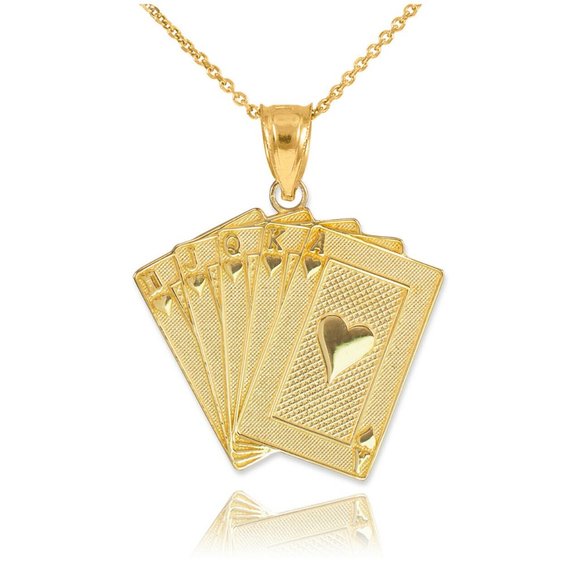 10k Gold Royal Flush Hearts A K Q J 10 Poker Cards Casino Las Vegas Pendant